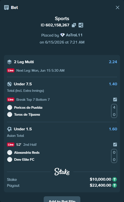 Bet slip: Pericos de Puebla - Toros de Tijuana, $10,010.00 stake at 1.40 odds, placed by AsTraL11