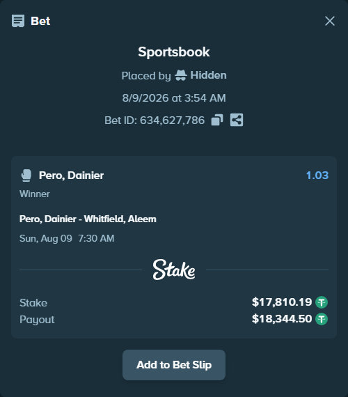 Bet slip: Pero, Dainier - Whitfield, Aleem, $17,828.00 stake at 1.03 odds, placed by Hidden