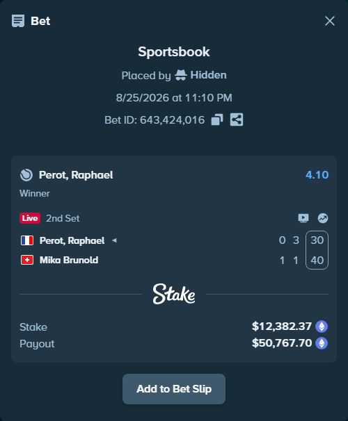 Bet slip: Perot, Raphael - Mika Brunold, $12,342.60 stake at 4.10 odds, placed by Hidden