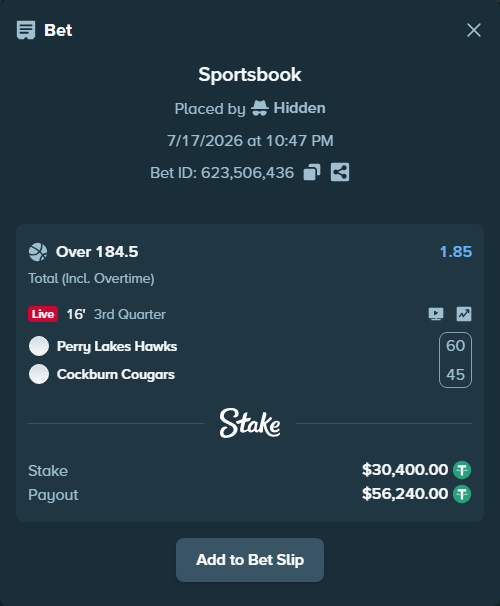 Bet slip: Perry Lakes Hawks - Cockburn Cougars, $30,430.40 stake at 1.85 odds, placed by Hidden