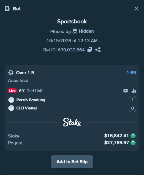 Bet slip: Persib Bandung - The Cong - Viettel FC, $16,859.25 stake at 1.65 odds, placed by Hidden
