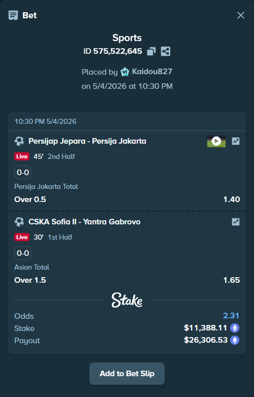 Bet slip: Persijap Jepara - Persija Jakarta, $8,445.83 stake at 1.40 odds, placed by Kaidou827