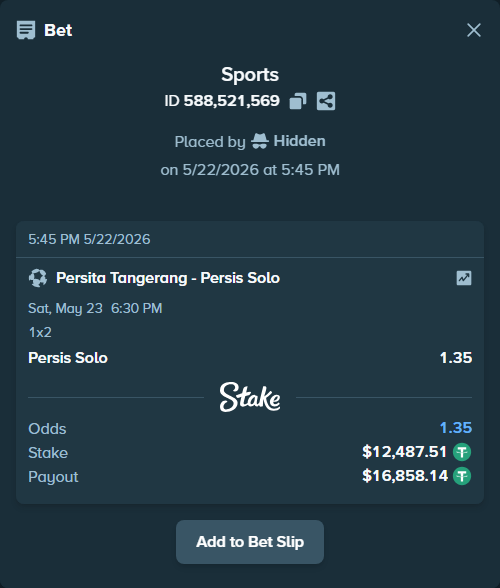 Bet slip: Persita Tangerang - Persis Solo, $12,500.00 stake at 1.35 odds, placed by Hidden