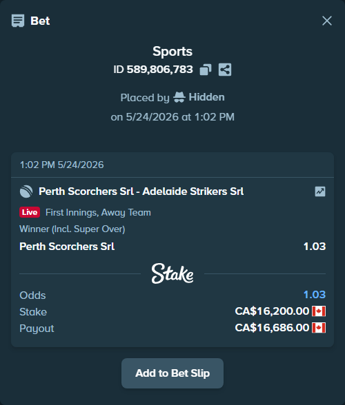 Bet slip: Perth Scorchers SRL - Adelaide Strikers SRL, $11,988.00 stake at 1.03 odds, placed by Hidden