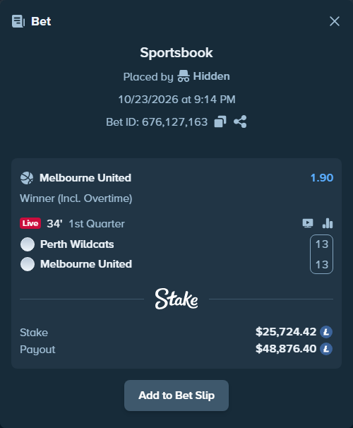 Bet slip: Perth Wildcats - Melbourne United, $25,599.75 stake at 1.90 odds, placed by Hidden