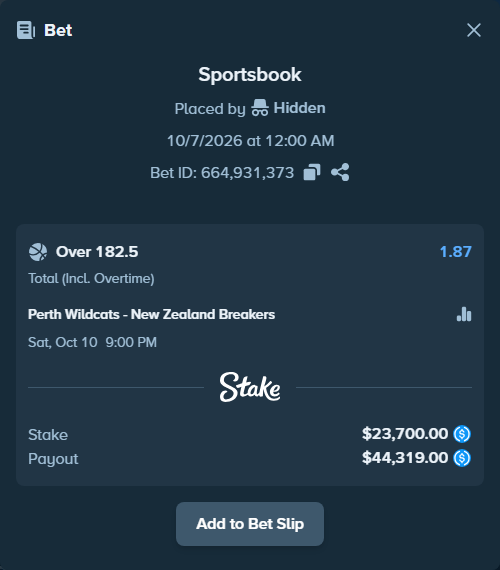 Bet slip: Perth Wildcats - New Zealand Breakers, $23,700.00 stake at 1.87 odds, placed by Hidden