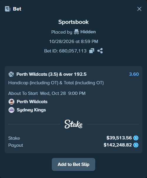 Bet slip: Perth Wildcats - Sydney Kings, $39,513.56 stake at 3.60 odds, placed by Hidden