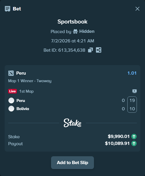 Bet slip: Peru - Bolivia, $10,000.00 stake at 1.01 odds, placed by Hidden