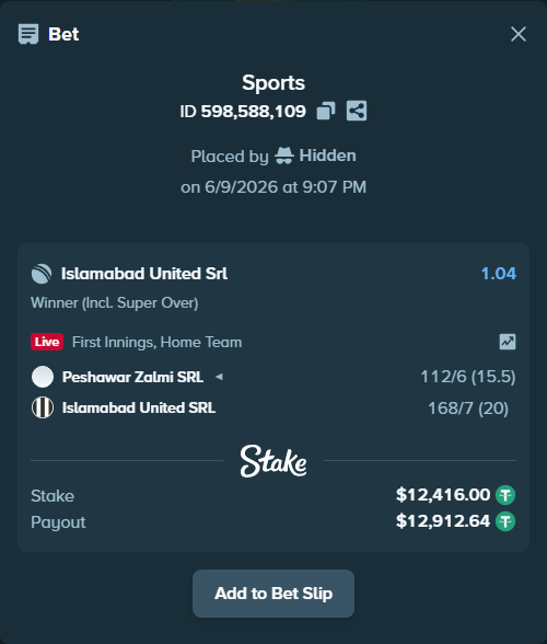 Bet slip: Peshawar Zalmi SRL - Islamabad United SRL, $12,416.00 stake at 1.04 odds, placed by Hidden