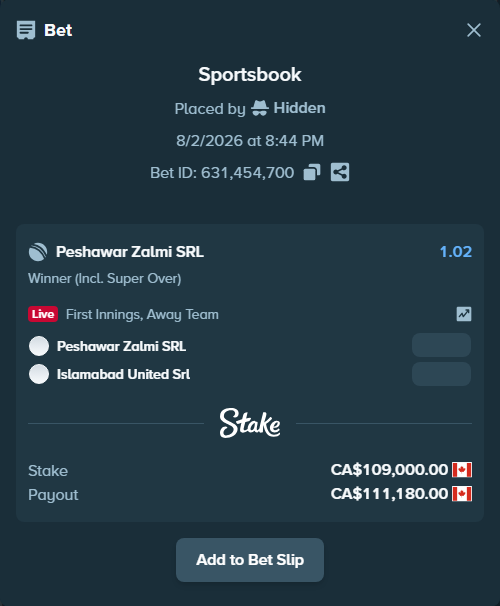 Bet slip: Peshawar Zalmi SRL - Islamabad United SRL, $80,660.00 stake at 1.02 odds, placed by Hidden