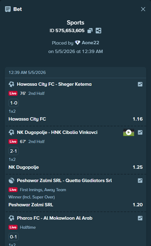 Bet slip: Peshawar Zalmi SRL - Quetta Gladiators SRL, $66,500.75 stake at 1.20 odds, placed by Aone22