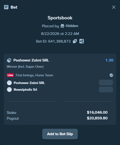 Bet slip: Peshawar Zalmi SRL - Rawalpindiz Srl, $16,046.00 stake at 1.30 odds, placed by riaggo1