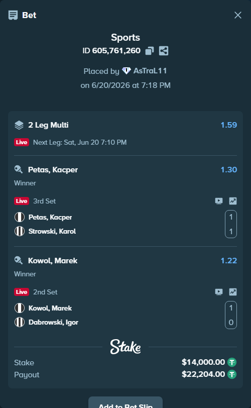 Bet slip: Petas, Kacper - Strowski, Karol, $14,014.00 stake at 1.30 odds, placed by AsTraL11