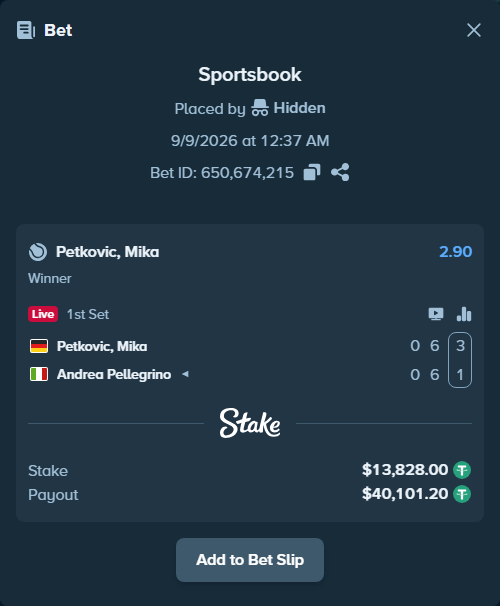 Bet slip: Petkovic, Mika - Andrea Pellegrino, $13,828.00 stake at 2.90 odds, placed by Hidden