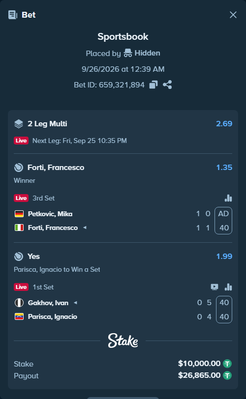 Bet slip: Petkovic, Mika - Forti, Francesco, $10,000.00 stake at 1.35 odds, placed by Hidden