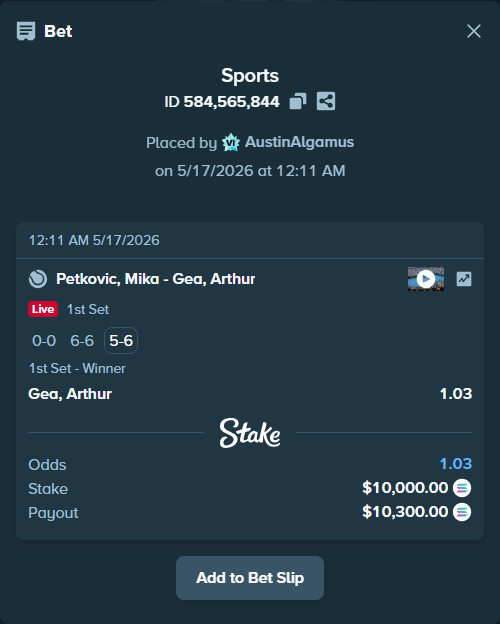 Bet slip: Petkovic, Mika - Gea, Arthur, $8,496.54 stake at 1.03 odds, placed by AustinAlgamus
