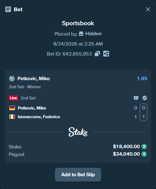 Bet slip: Petkovic, Mika - Iannaccone, Federico, $18,398.16 stake at 1.85 odds, placed by Hidden