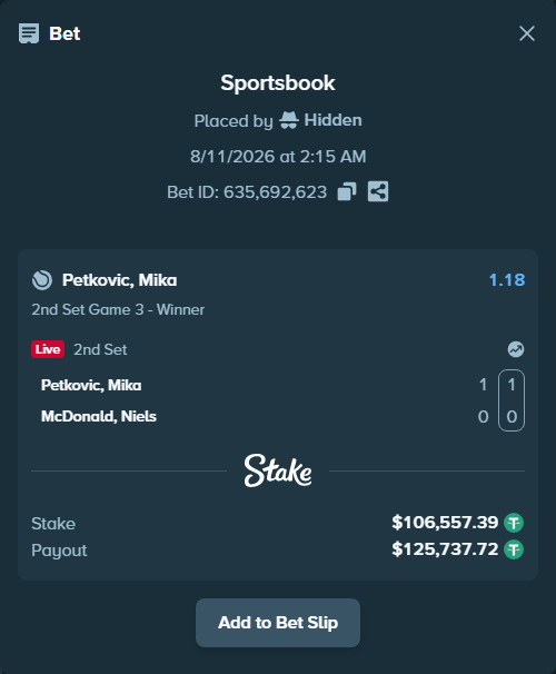 Bet slip: Petkovic, Mika - McDonald, Niels, $106,663.95 stake at 1.18 odds, placed by Hidden