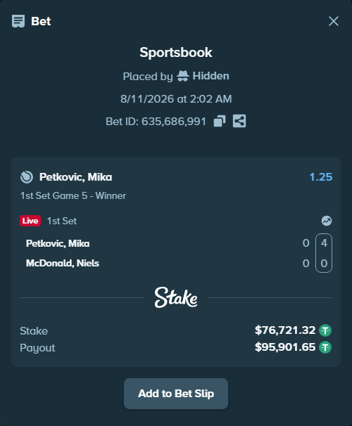 Bet slip: Petkovic, Mika - McDonald, Niels, $76,798.04 stake at 1.25 odds, placed by Hidden