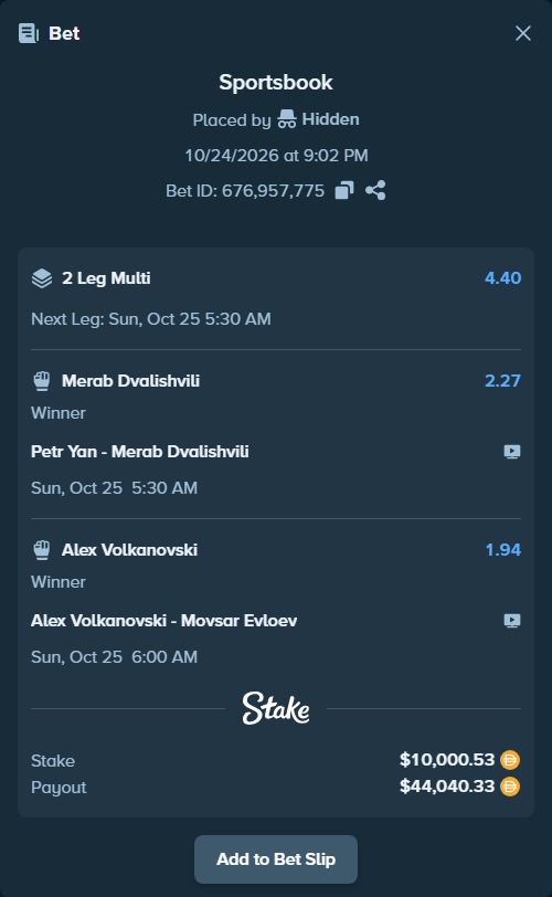 Bet slip: Petr Yan - Merab Dvalishvili, $10,000.53 stake at 2.27 odds, placed by Hidden