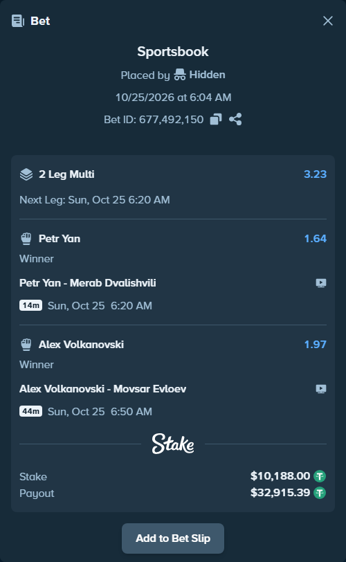 Bet slip: Petr Yan - Merab Dvalishvili, $10,198.19 stake at 1.64 odds, placed by Hidden