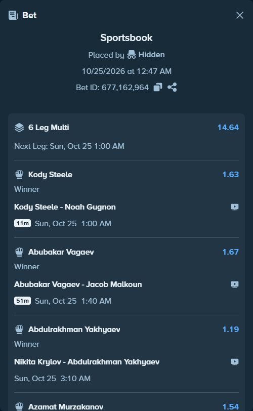 Bet slip: Petr Yan - Merab Dvalishvili, $12,000.00 stake at 1.63 odds, placed by MrDivinity