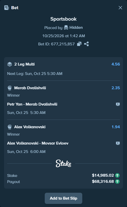 Bet slip: Petr Yan - Merab Dvalishvili, $15,000.00 stake at 2.35 odds, placed by Champagnevati