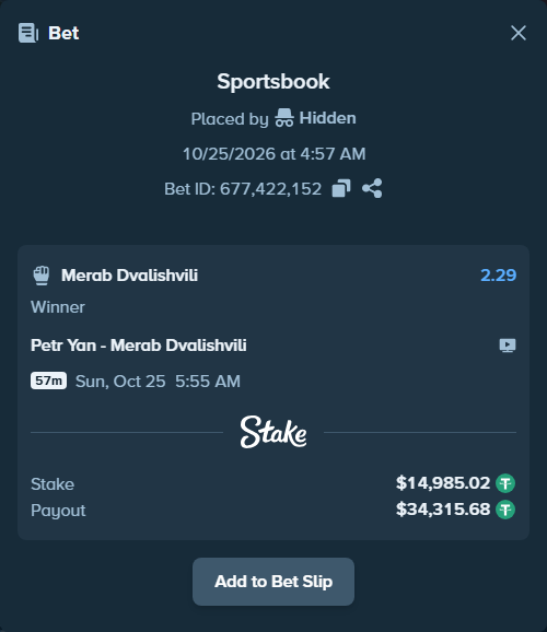Bet slip: Petr Yan - Merab Dvalishvili, $15,000.00 stake at 2.29 odds, placed by Shurupaviota