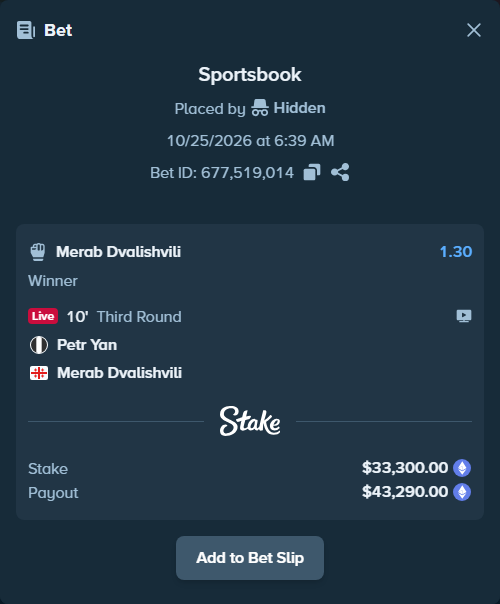 Bet slip: Petr Yan - Merab Dvalishvili, $33,303.78 stake at 1.30 odds, placed by Jollysea