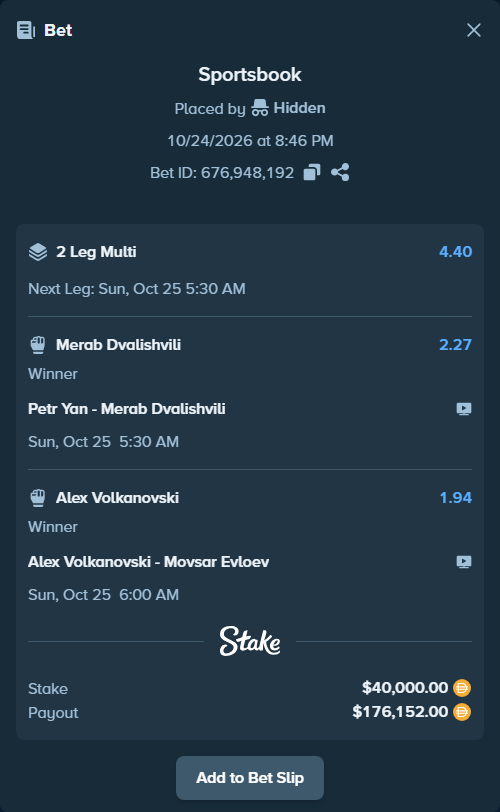 Bet slip: Petr Yan - Merab Dvalishvili, $40,000.00 stake at 2.27 odds, placed by Hidden