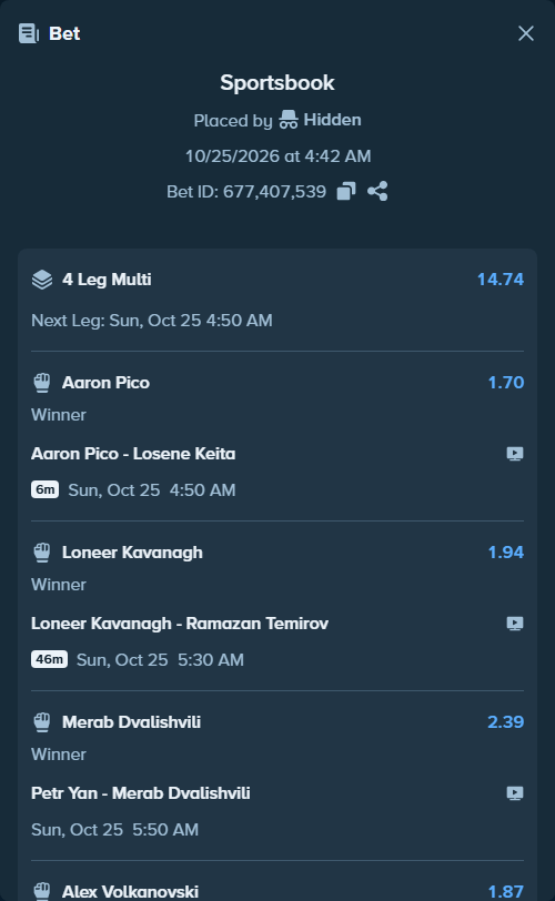 Bet slip: Petr Yan - Merab Dvalishvili, $45,470.71 stake at 2.39 odds, placed by Hidden