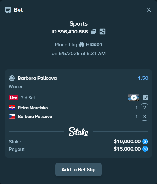 Bet slip: Petra Marcinko - Barbora Palicova, $10,000.00 stake at 1.50 odds, placed by Hidden