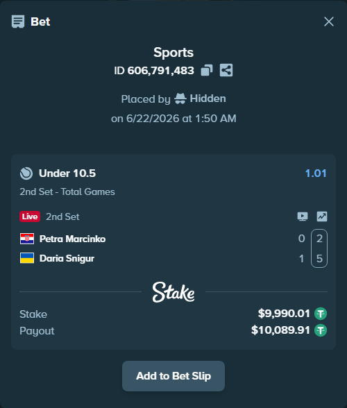 Bet slip: Petra Marcinko - Daria Snigur, $10,000.00 stake at 1.01 odds, placed by Hidden