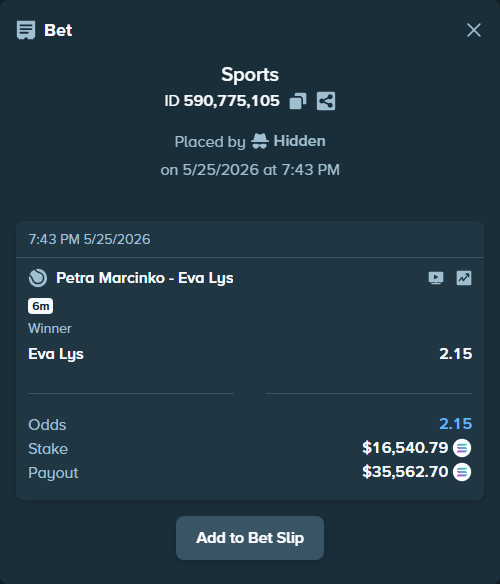 Bet slip: Petra Marcinko - Eva Lys, $14,146.12 stake at 2.15 odds, placed by Othmane2kiks