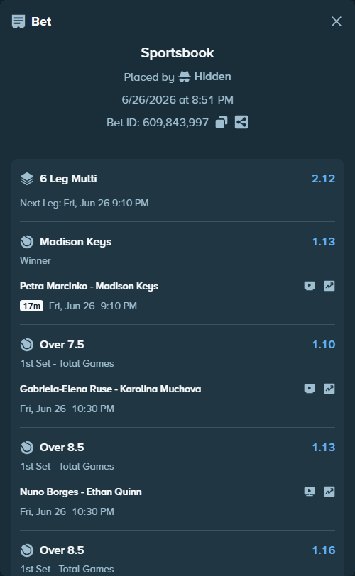 Bet slip: Petra Marcinko - Madison Keys, $38,128.95 stake at 1.13 odds, placed by Hidden
