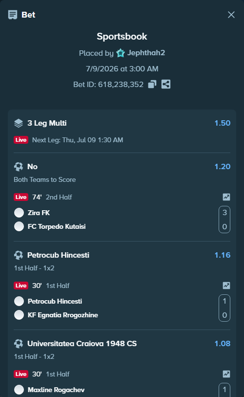Bet slip: Petrocub Hincesti - KF Egnatia Rrogozhine, $10,000.00 stake at 1.16 odds, placed by Jephthah2