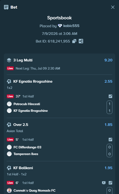 Bet slip: Petrocub Hincesti - KF Egnatia Rrogozhine, $17,100.26 stake at 2.55 odds, placed by kabic555