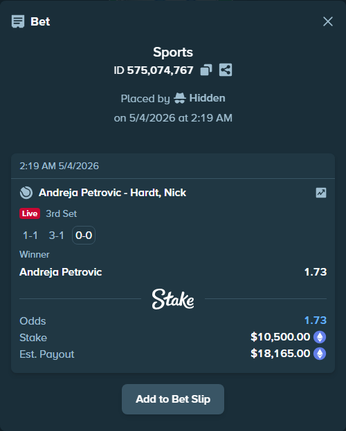 Bet slip: Petrovic, Andreja - Hardt, Nick, $7,829.11 stake at 1.73 odds, placed by Hidden