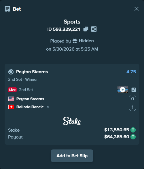 Bet slip: Peyton Stearns - Belinda Bencic, $13,564.20 stake at 4.75 odds, placed by Hidden