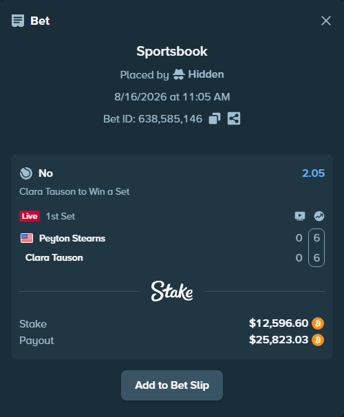 Bet slip: Peyton Stearns - Clara Tauson, $12,614.94 stake at 2.05 odds, placed by Hidden
