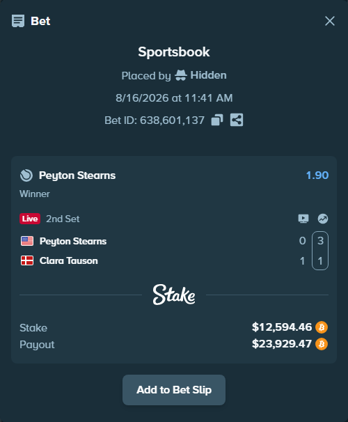 Bet slip: Peyton Stearns - Clara Tauson, $12,600.40 stake at 1.90 odds, placed by Hidden