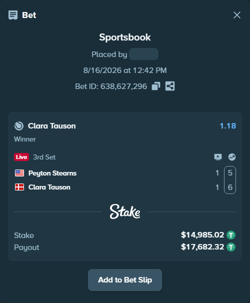 Bet slip: Peyton Stearns - Clara Tauson, $15,000.00 stake at 1.18 odds, placed by piropiro12