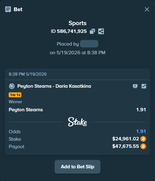 Bet slip: Peyton Stearns - Daria Kasatkina, $20,844.27 stake at 1.91 odds, placed by theoutlaw
