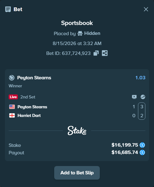 Bet slip: Peyton Stearns - Harriet Dart, $16,199.75 stake at 1.03 odds, placed by Hidden