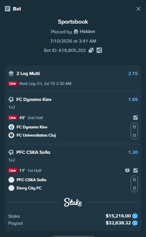 Bet slip: PFC CSKA Sofia - Derry City FC, $15,216.00 stake at 1.30 odds, placed by Hidden