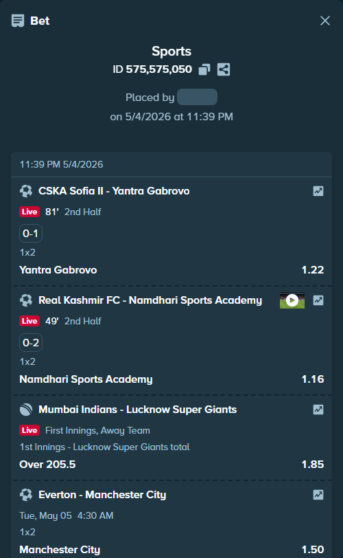 Bet slip: PFC CSKA SOFIA II - FC Yantra Gabrovo, $30,565.03 stake at 1.22 odds, placed by Hophi777