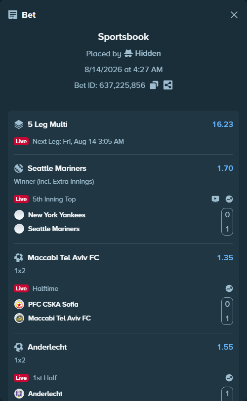 Bet slip: PFC CSKA Sofia - Maccabi Tel Aviv FC, $28,906.36 stake at 1.35 odds, placed by Hidden