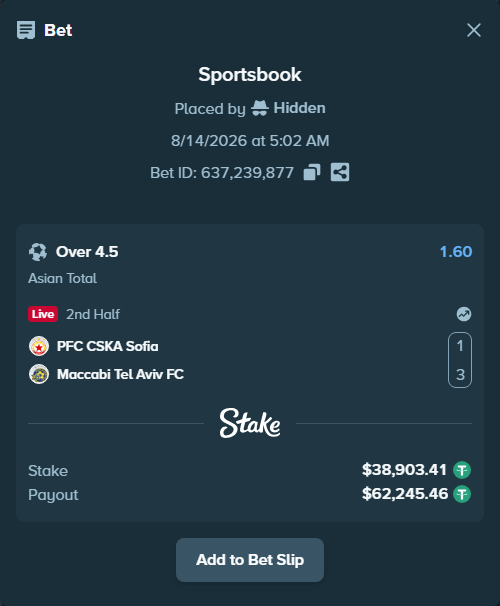 Bet slip: PFC CSKA Sofia - Maccabi Tel Aviv FC, $38,942.31 stake at 1.60 odds, placed by Hidden