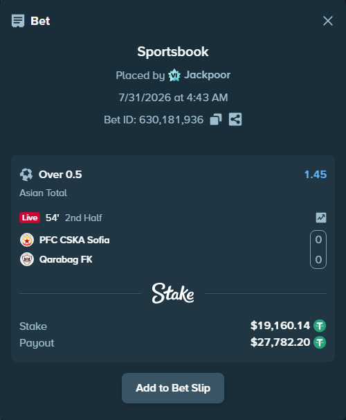 Bet slip: PFC CSKA Sofia - Qarabag FK, $19,179.30 stake at 1.45 odds, placed by Jackpoor