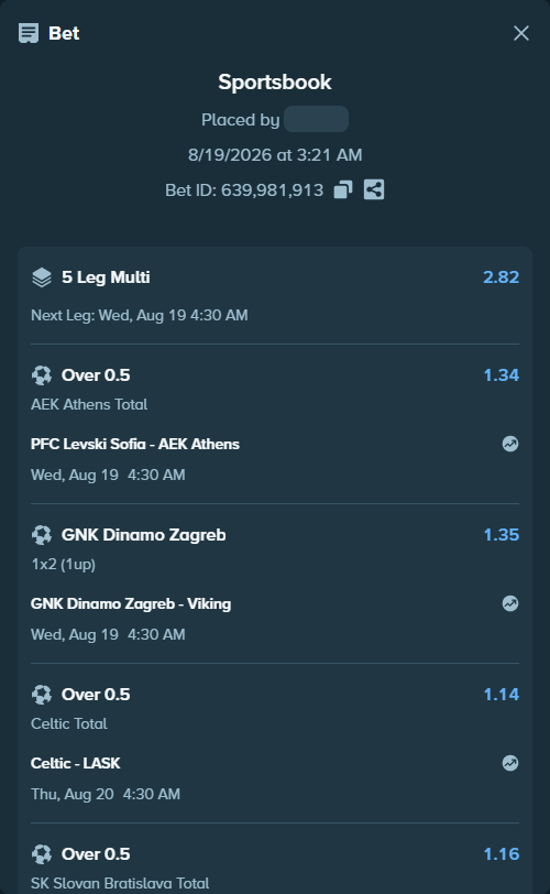Bet slip: PFC Levski Sofia - AEK Athens, $20,000.00 stake at 1.34 odds, placed by Bossnatty